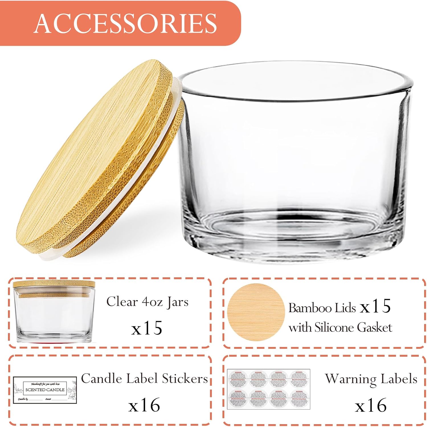 CONNOO 15 Pack 4 Oz Clear Glass Candle Jars with Airtight Bamboo Lids