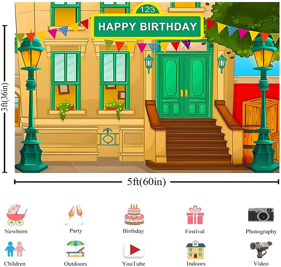 Happy Birthday Cartoon Street Photo Background Vinyl 5x3 Feet