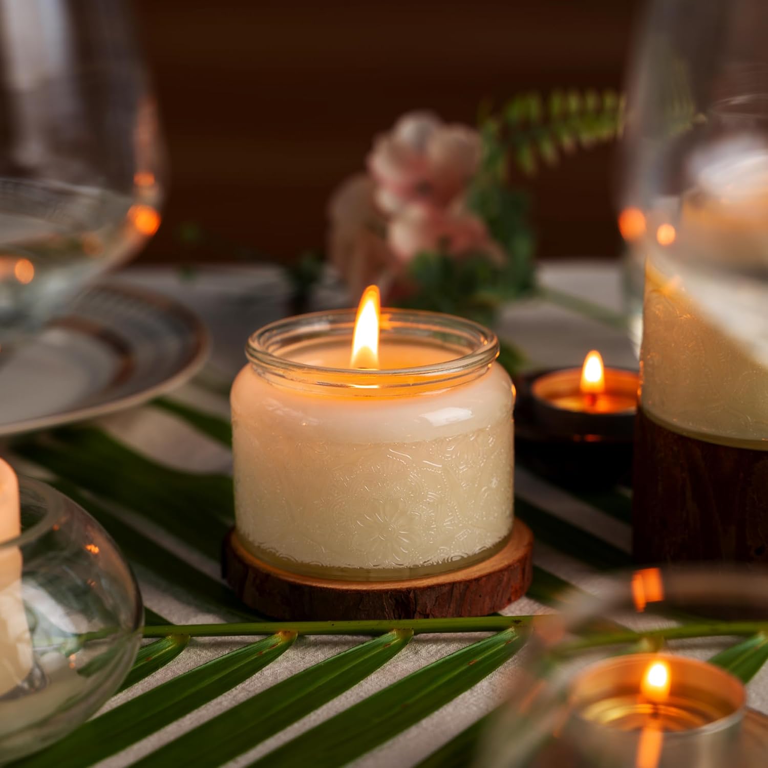 18-Pack 4oz Embossed Glass Candle Jars with Bamboo Lids and Labels