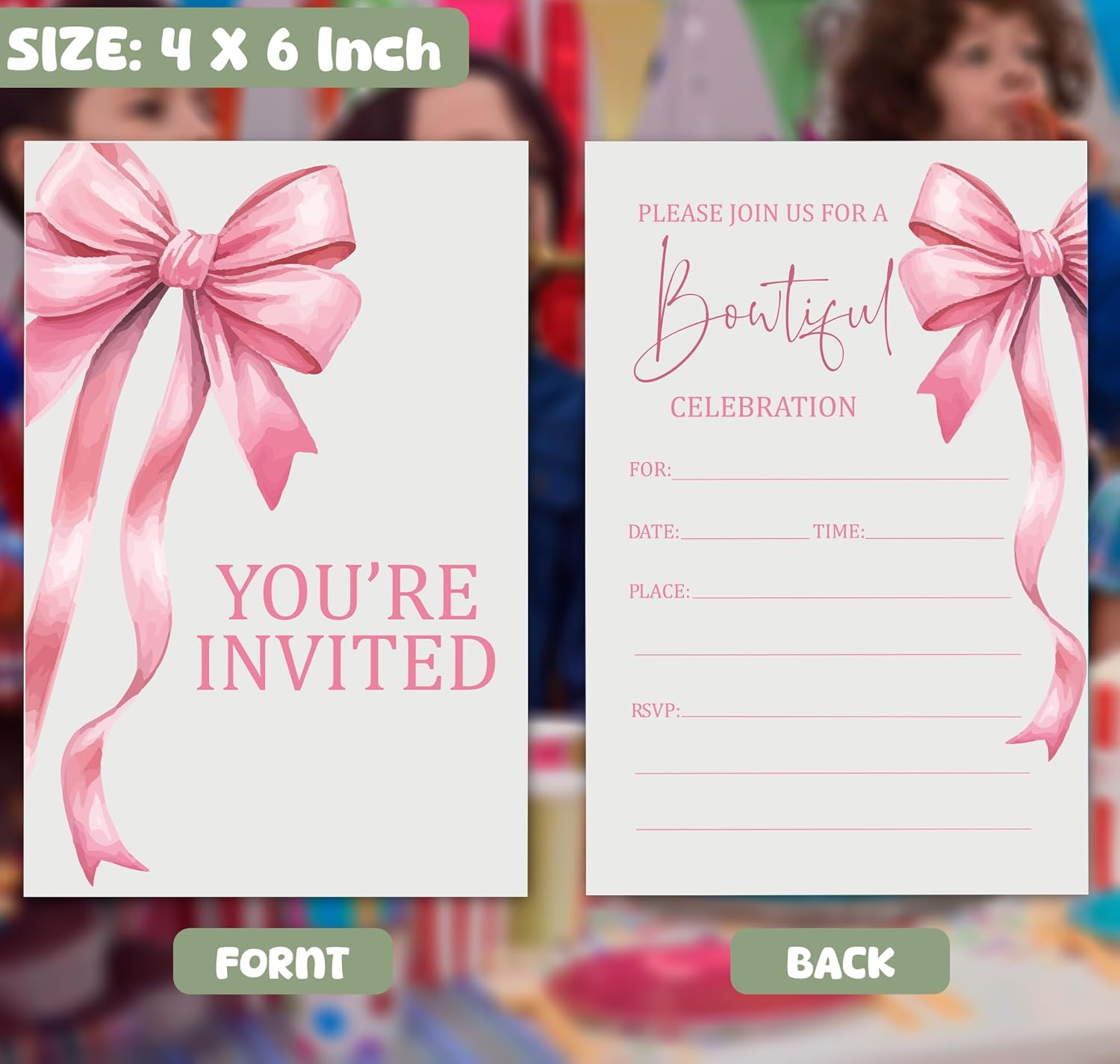 Pink Bow Birthday Invitations for Girls 30 Double Sided Cards with Envelopes
