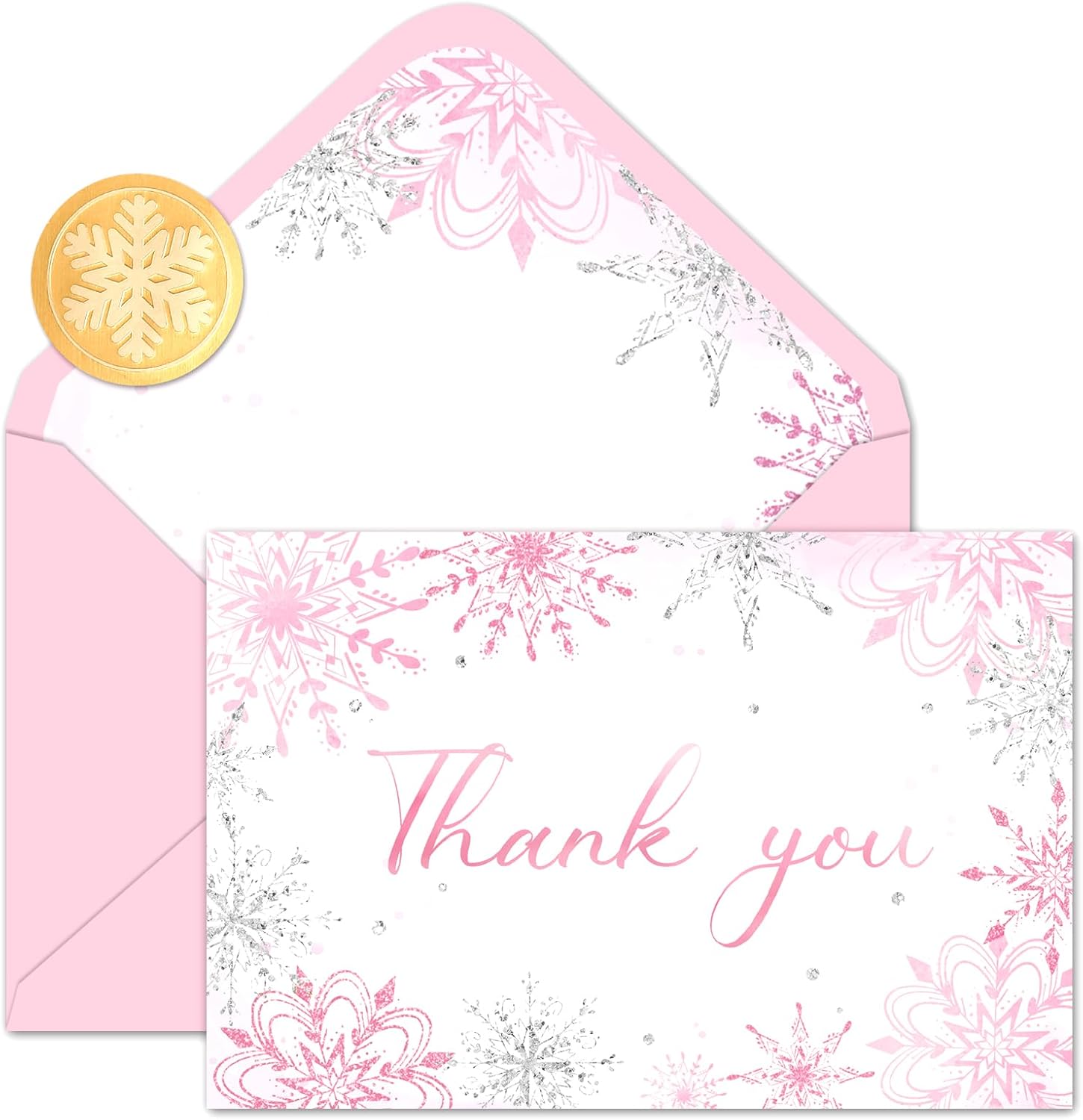 Whaline 24 Pack Pink Glitter Snowflake Thank You Cards with Envelopes
