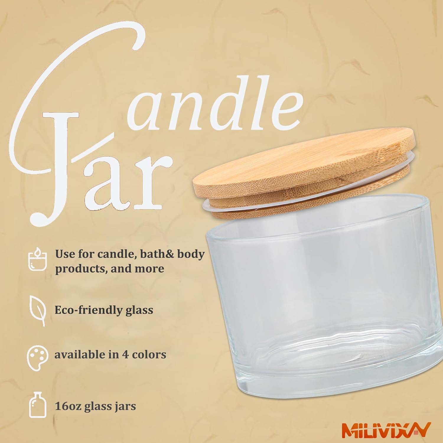 MILIVIXAY 6 Pack 16 oz Candle Jars with Bamboo Lids and Making Kit