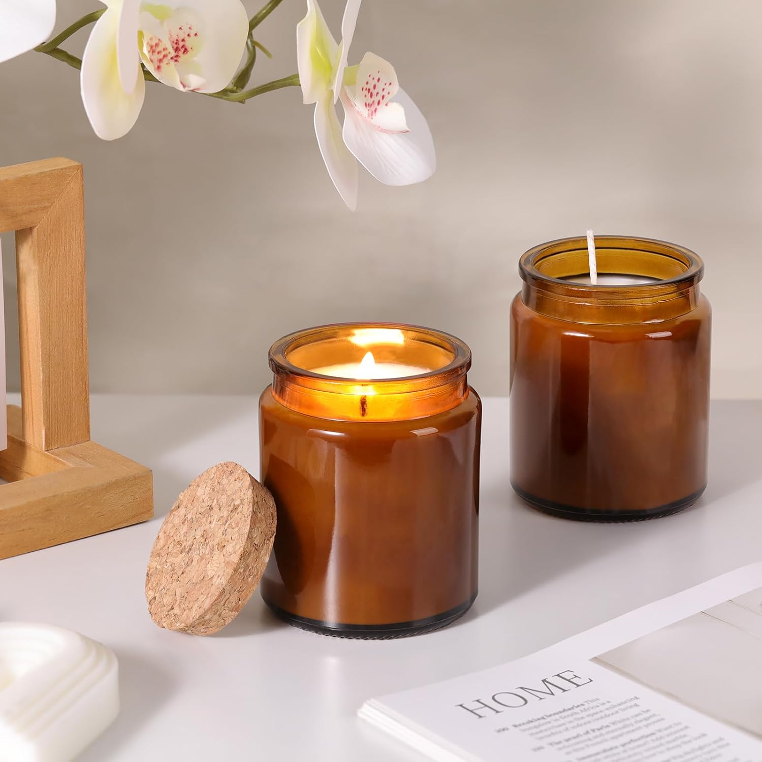 Lanttu 12Pcs Amber Candle Jars with Wooden Lids and Labels