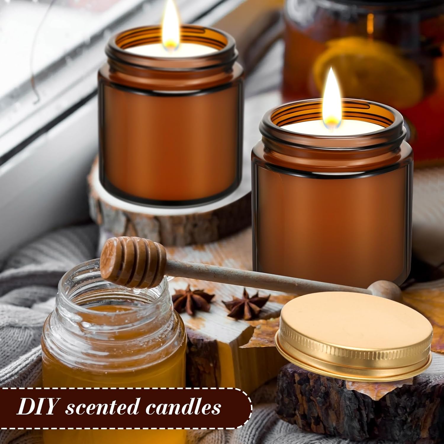 Zhehao 24 Pcs Amber Glass Candle Jars with Gold Lids