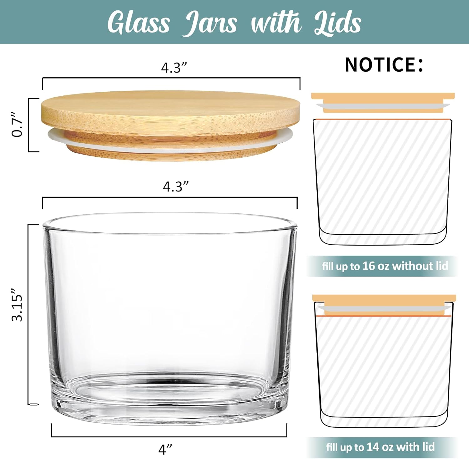16oz Clear Glass Candle Jars 6 Pack with Bamboo Lids and Labels
