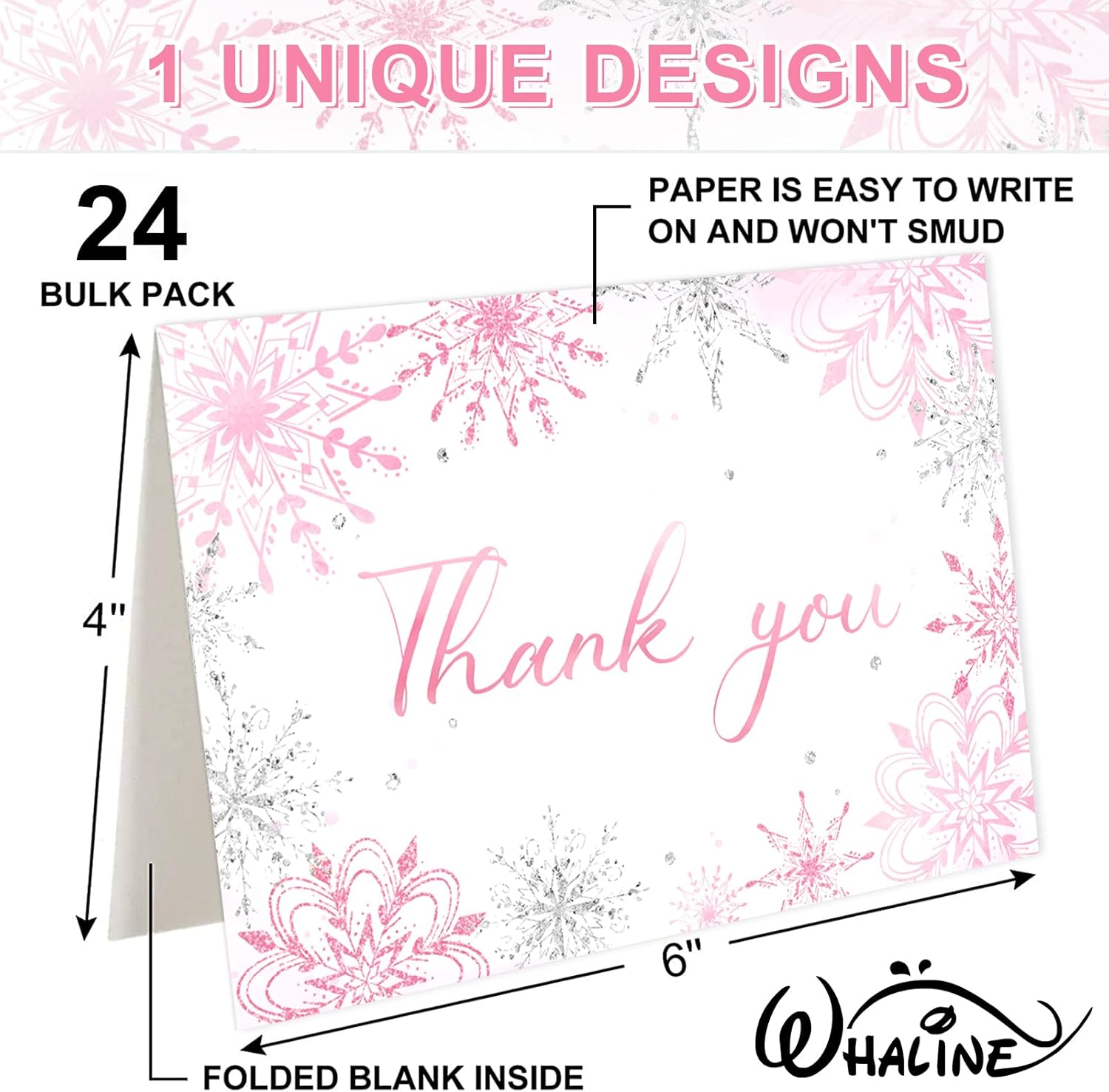 Whaline 24 Pack Pink Glitter Snowflake Thank You Cards with Envelopes