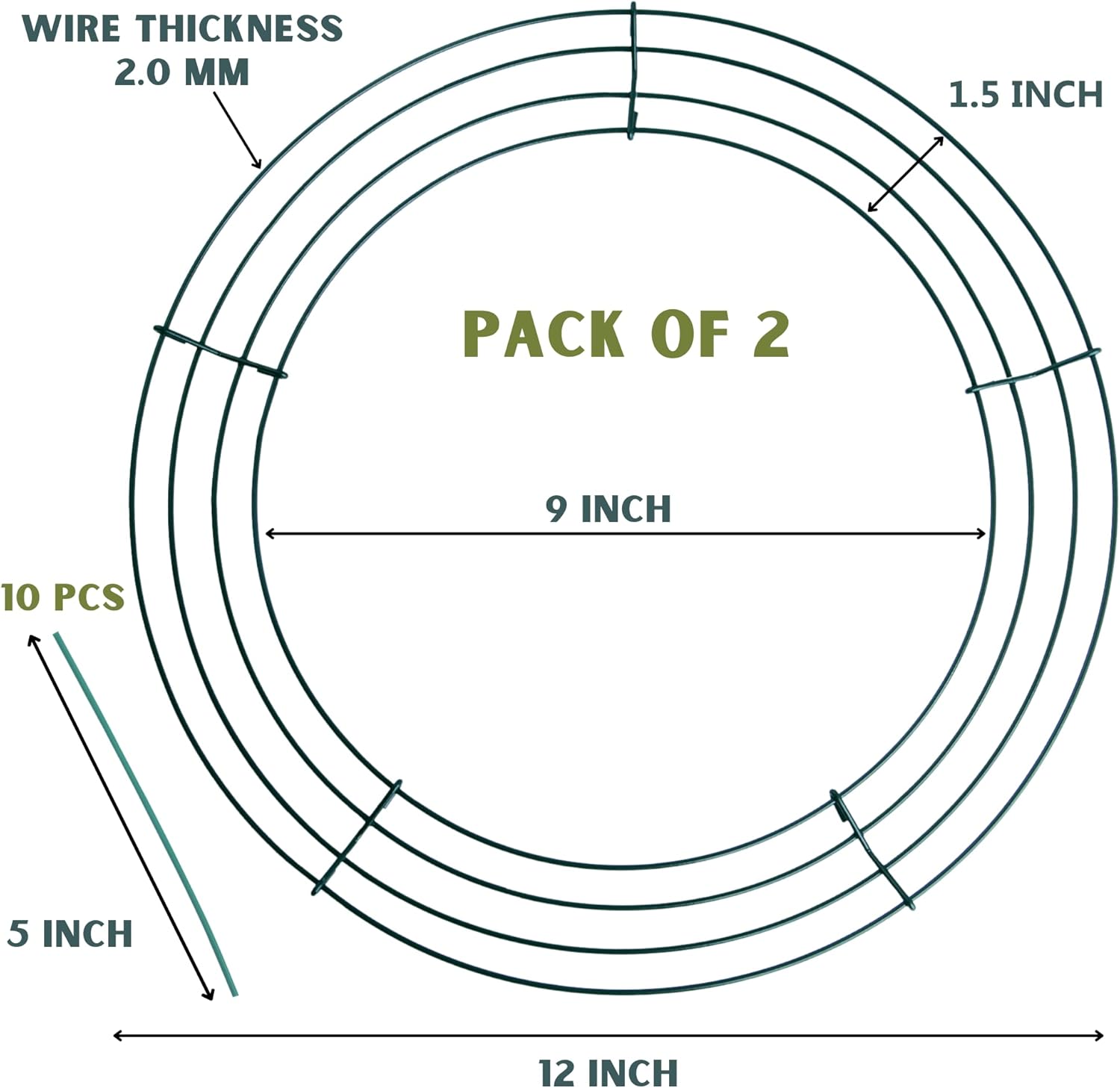 2-Pack 12 Inch Dark Green Wire Wreath Frame