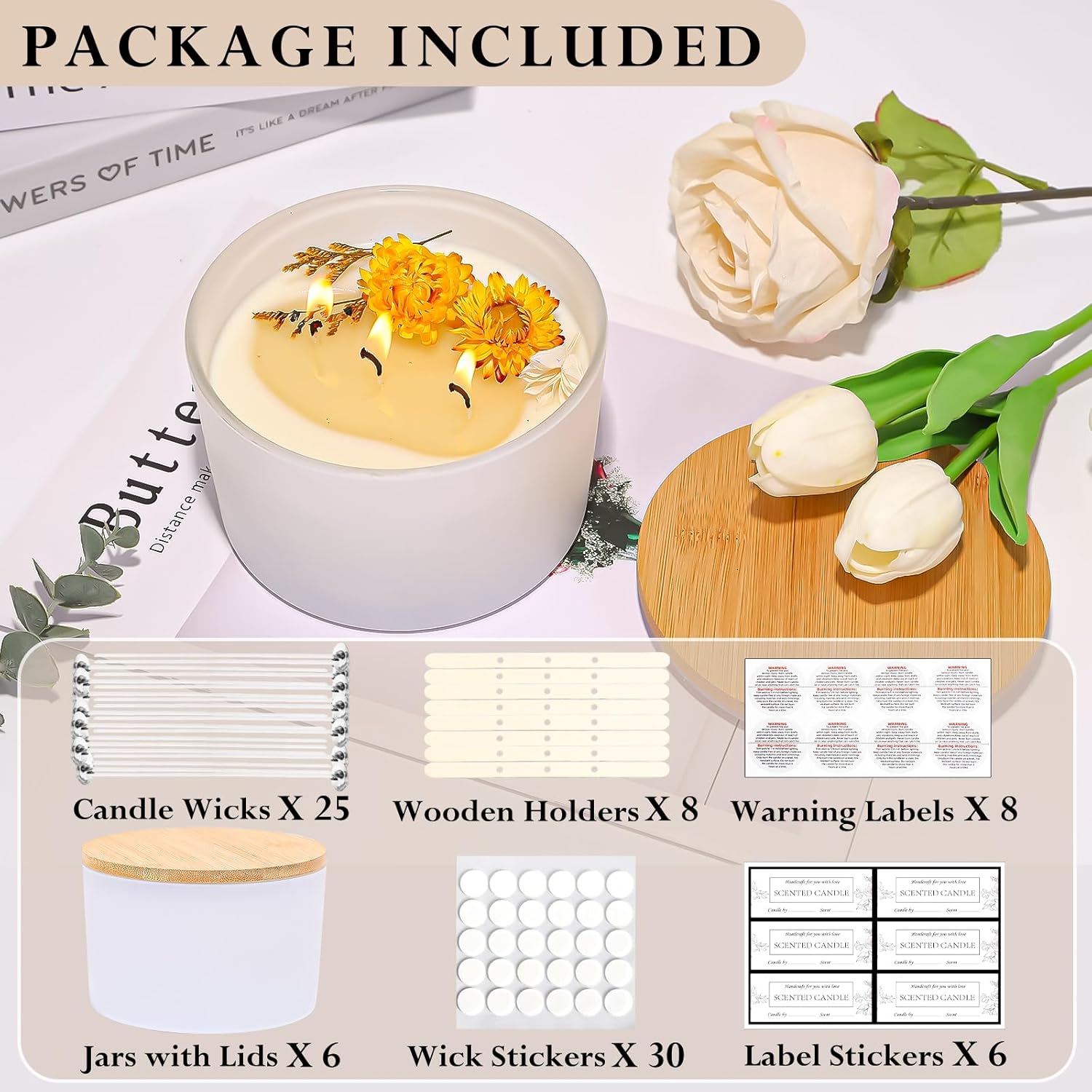 CONNOO 24oz Glass Candle Jars 6 Pack with Bamboo Lids and Wick Kit