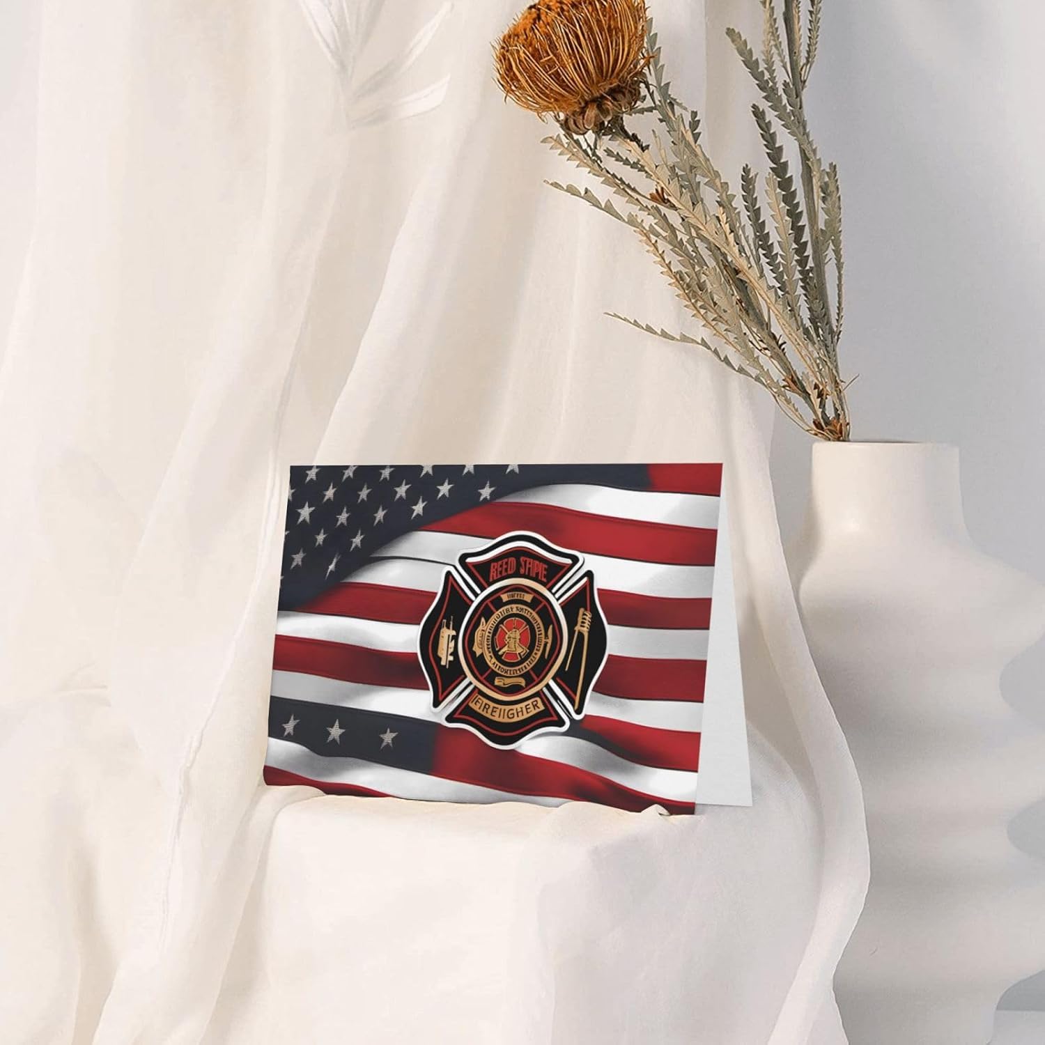 Pink Red Stripe Firefighter USA Flag Greeting Card 4x6