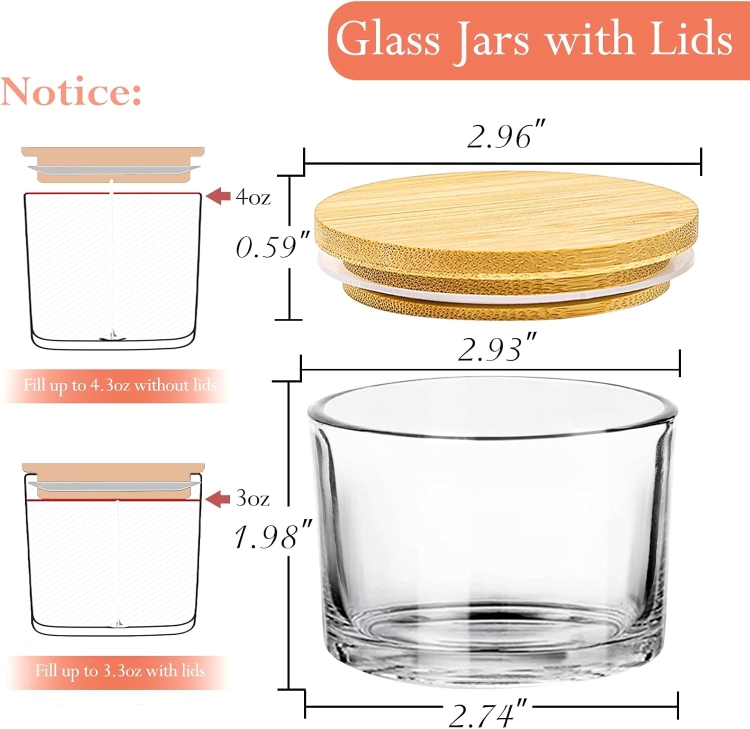 CONNOO 15 Pack 4 Oz Clear Glass Candle Jars with Airtight Bamboo Lids