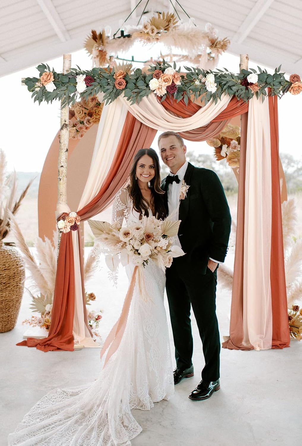 DearHouse 3 Panel Wedding Arch Draping Fabric 295 x 18ft Pearl Sheer Drapes