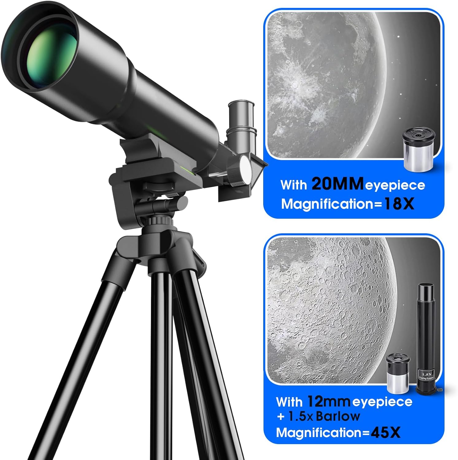 YUANZIMOO 50mm Aperture 360mm Telescope with Tripod for Kids Adults Beginners Black