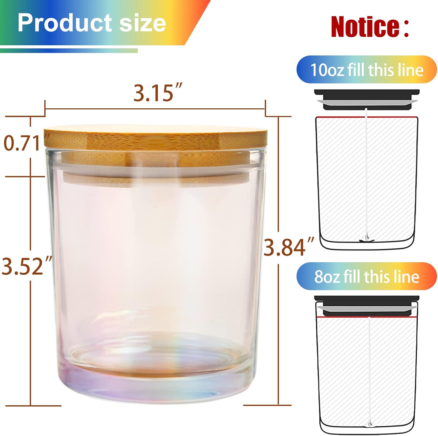 CONNOO 12 Pack 10 Oz Iridescent Glass Candle Jars with Airtight Bamboo Lids