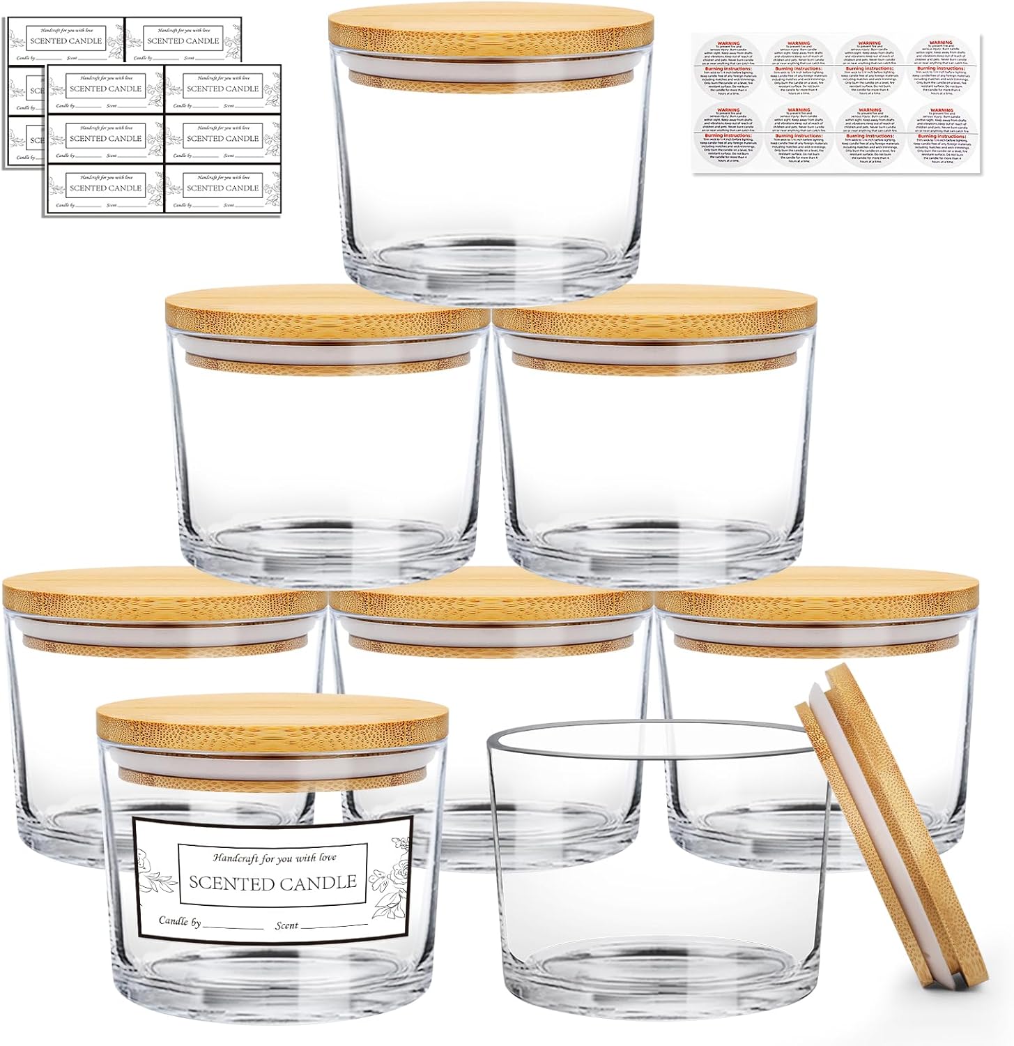 CONNOO 8 Pack 12 OZ Clear Glass Candle Jars with Airtight Bamboo Lids
