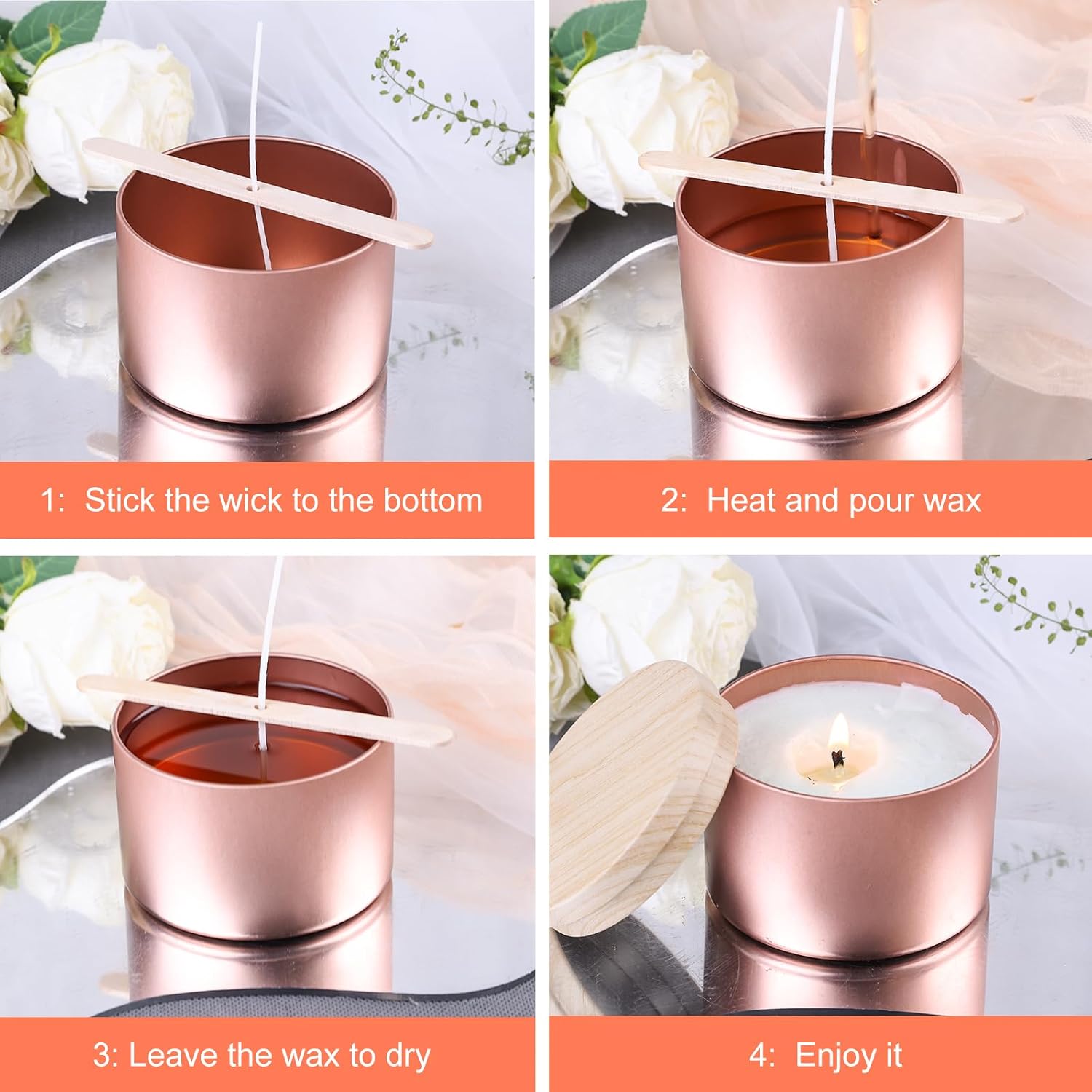 CONNOO 24 Pack Rose Gold Candle Tins with Lids for Candle Making