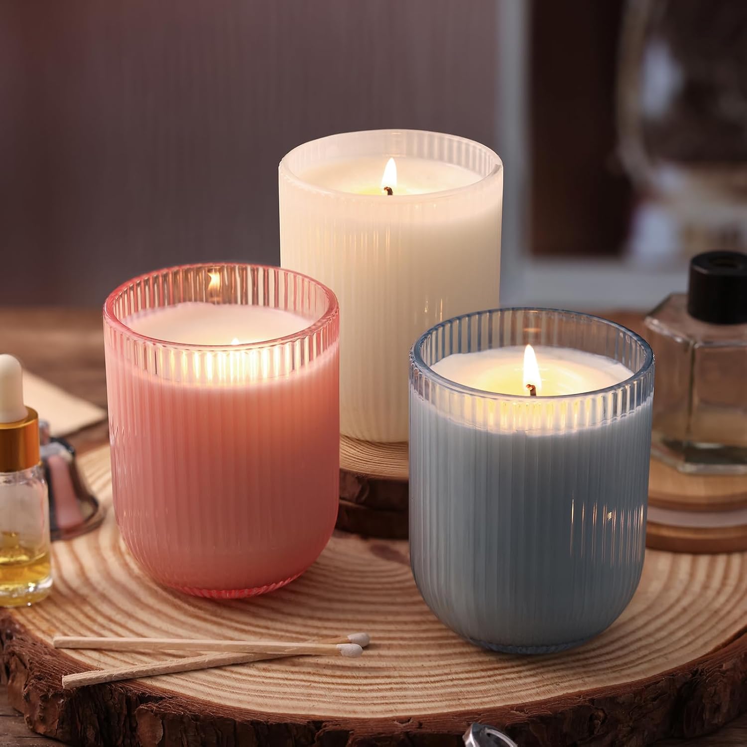 12PCS Pink Ribbed Candle Jars with Bamboo Lids and Wick Kit