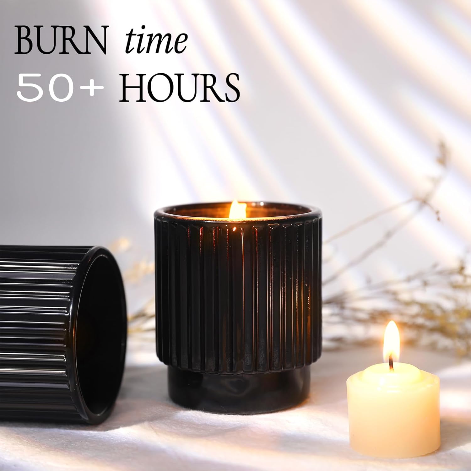 7oz Black Ribbed Glass Candle Jars 8 Pack with Lids