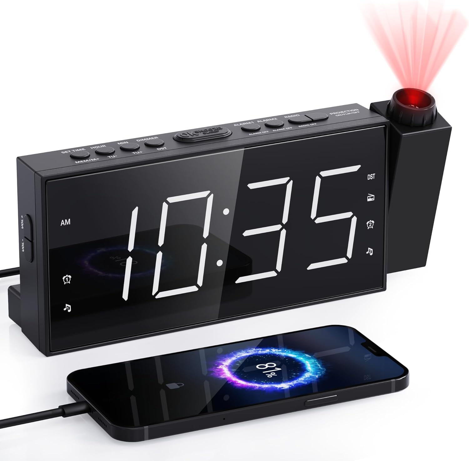 Mesqool Projection Alarm Clock with FM Radio and Dual Alarms