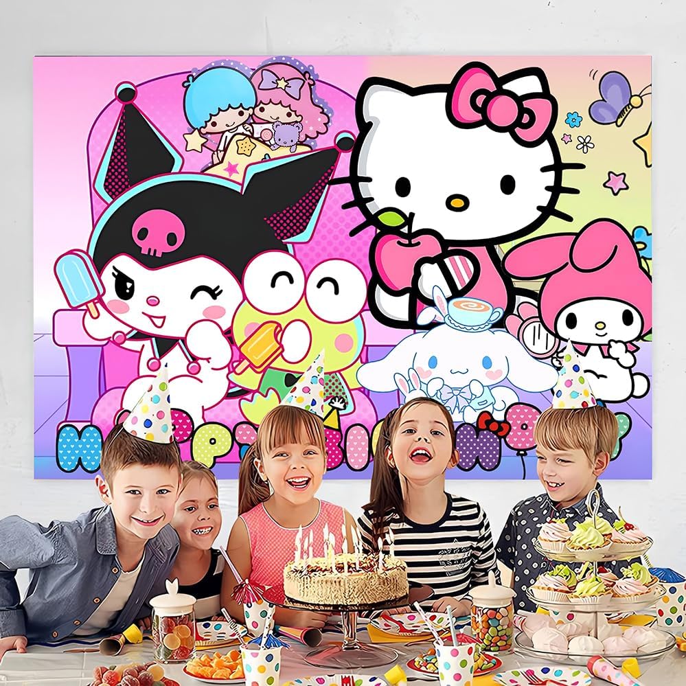 Kawaii Friends Birthday Banner Backdrop for Kids Party Supplies 5x3ft