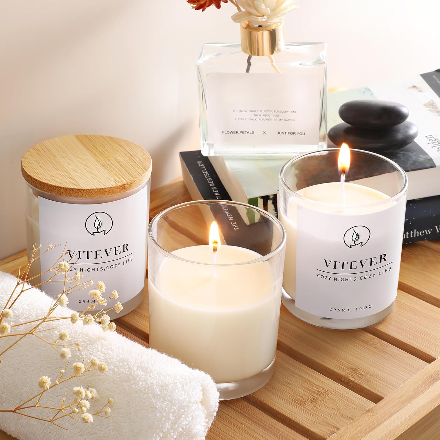 VITEVER 16 Pack Clear Glass Candle Jars with Bamboo Lids and Wick Kit