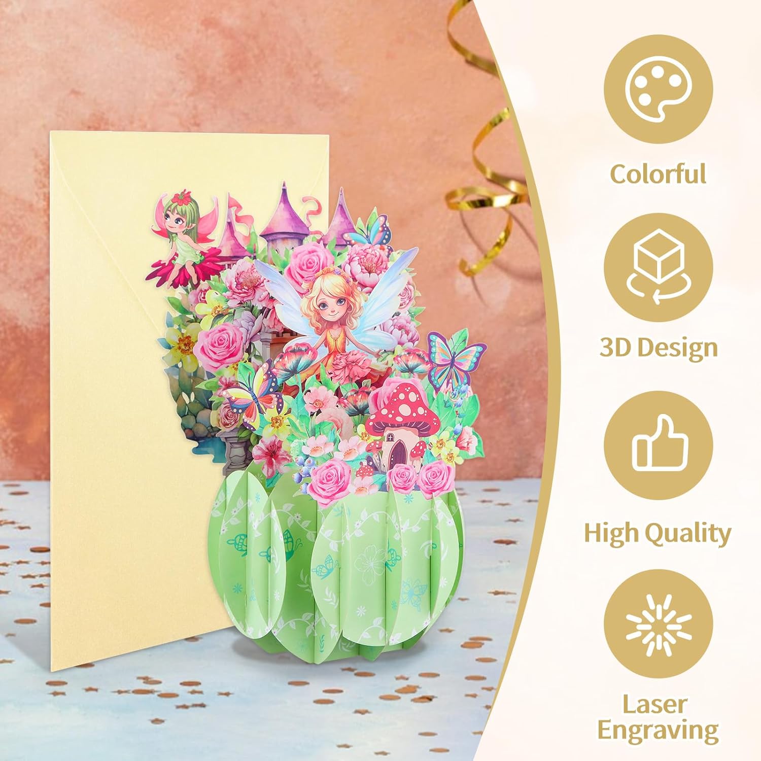 FaCraft Fairy Birthday Card Handmade Pop Up Gift with Envelope