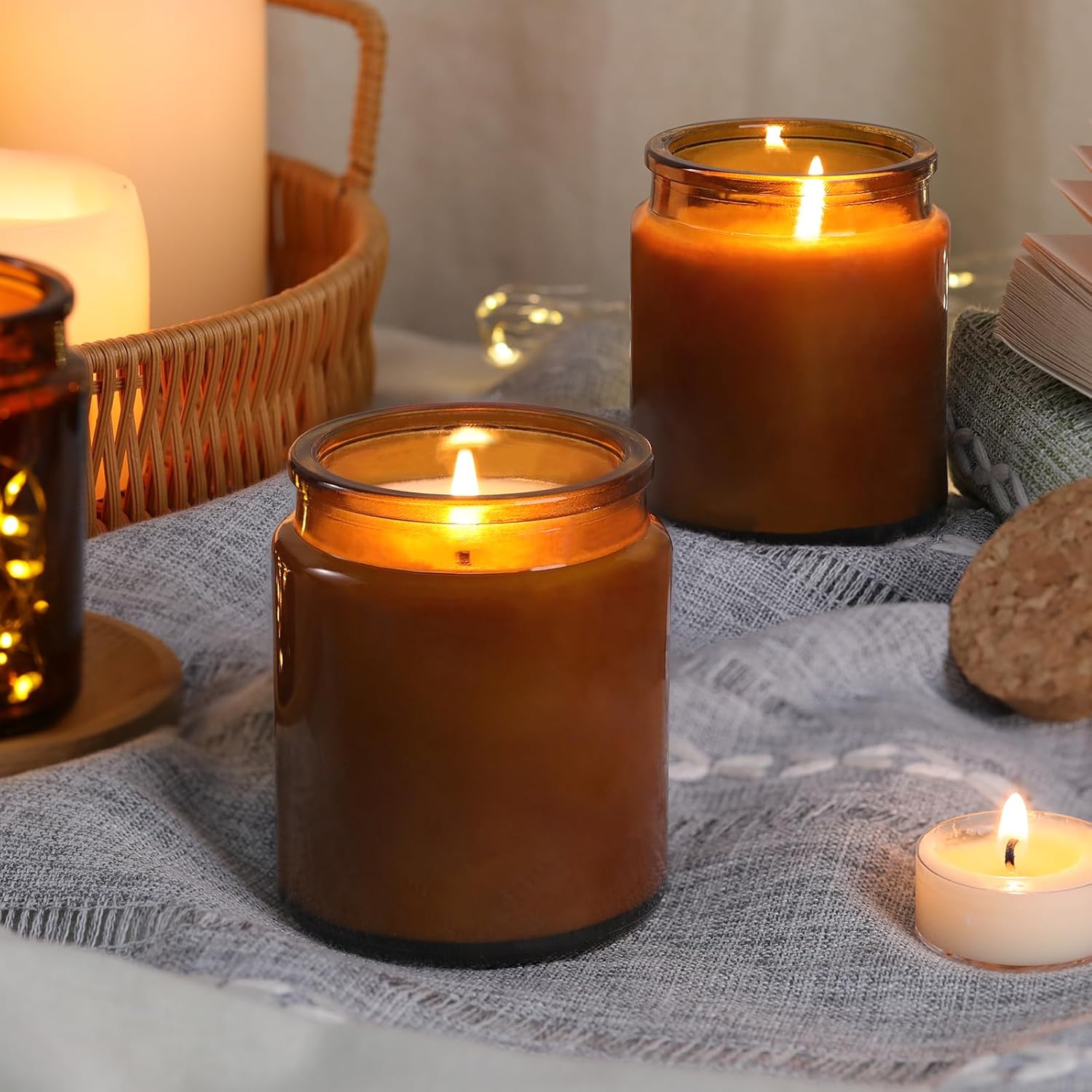 Lanttu 12Pcs Amber Candle Jars with Wooden Lids and Labels