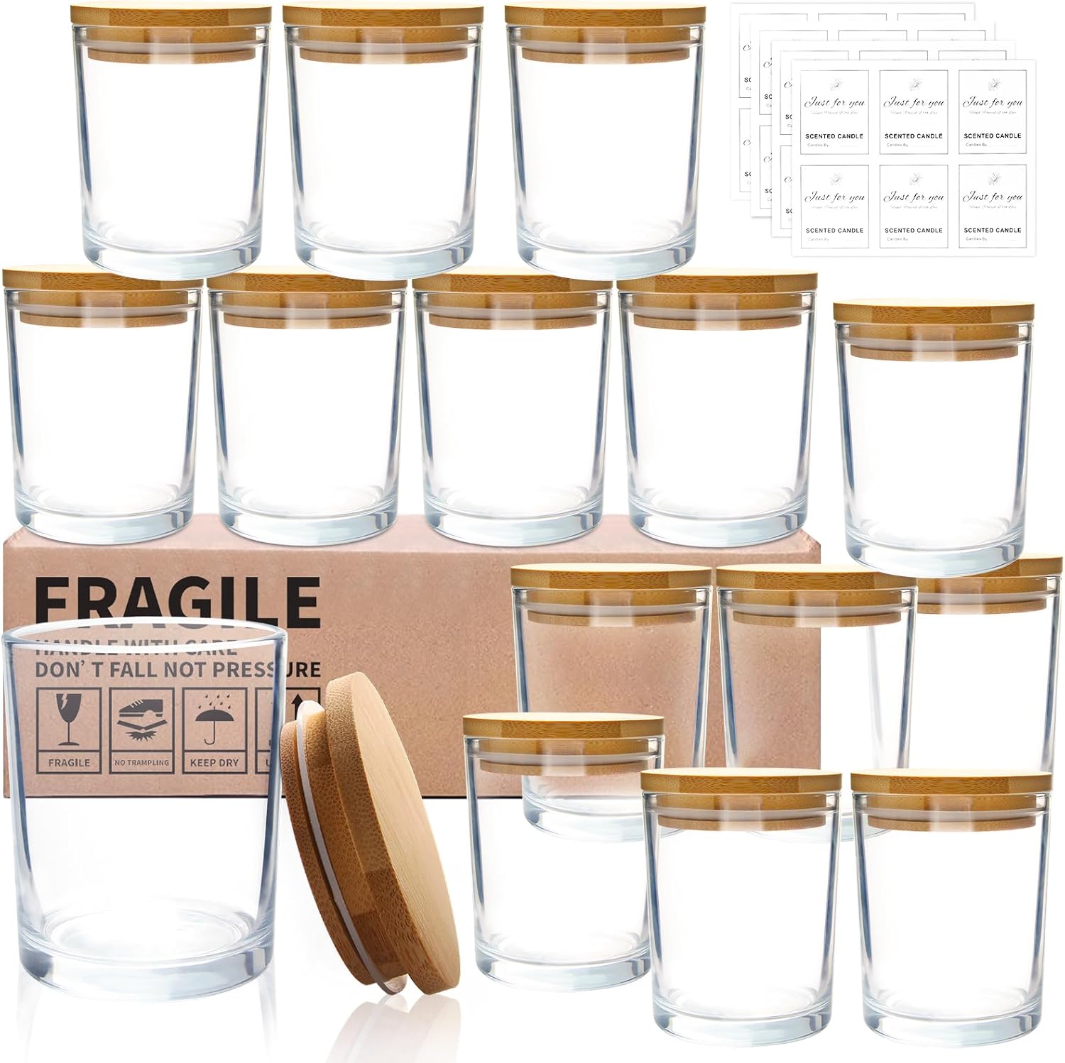 CONNOO 15 Pack 7 Oz Clear Candle Jars with Bamboo Lids