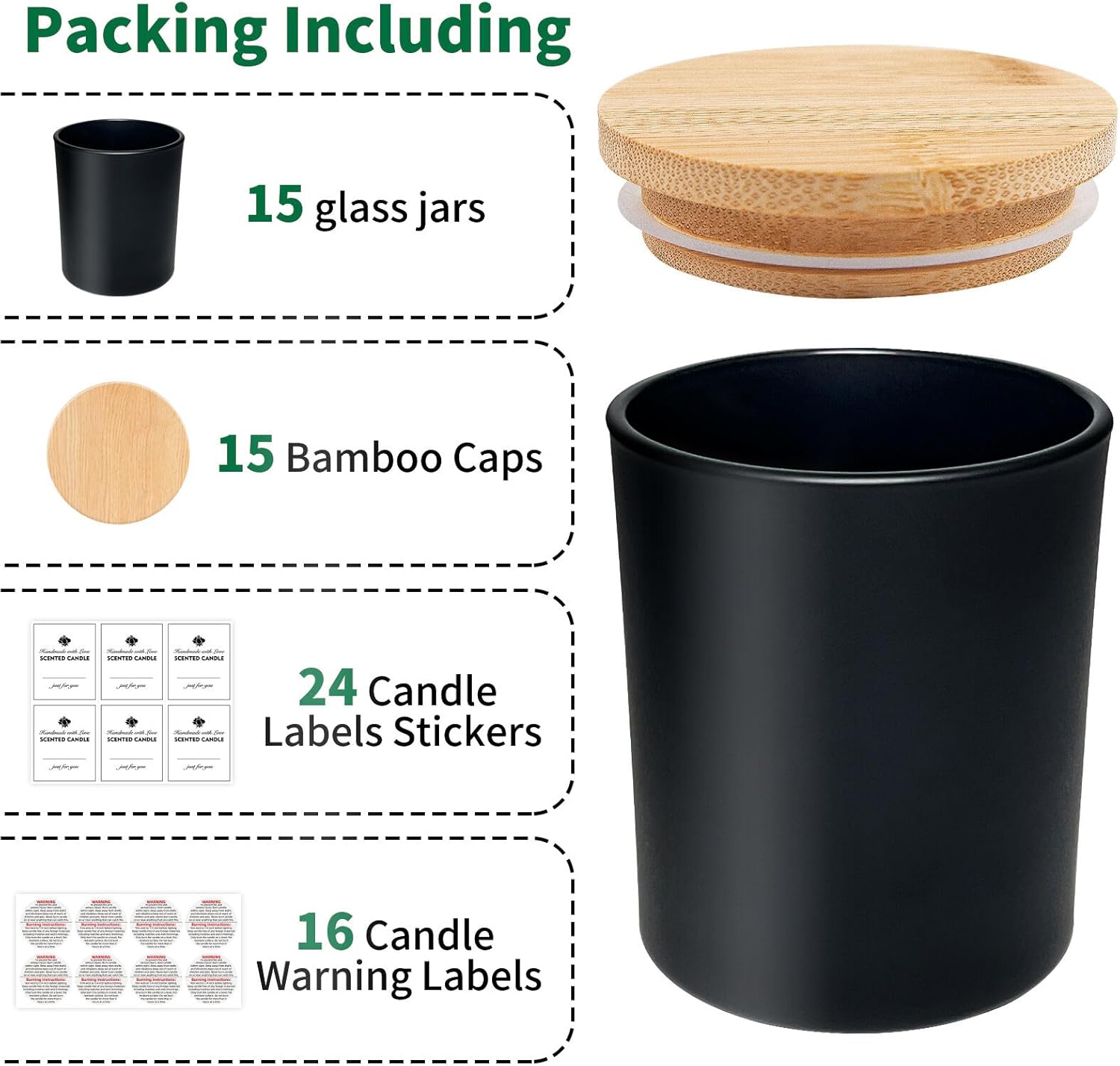 15 Pack 7oz Matt Black Candle Jars with Bamboo Lids