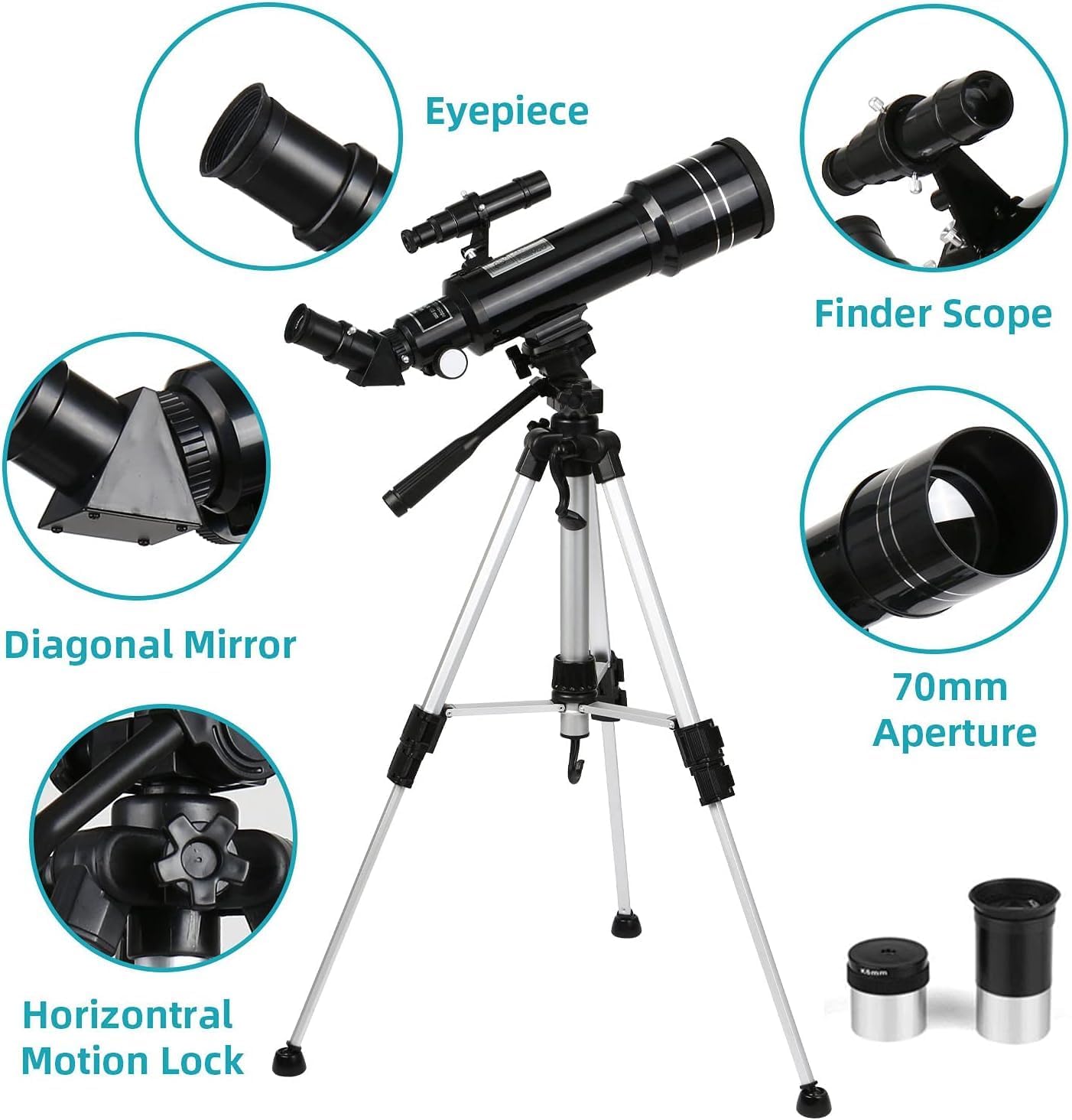 Cowiewie Telescope with Kellner Eyepieces Refractor Telescope with Aluminum Tripod and Backpack