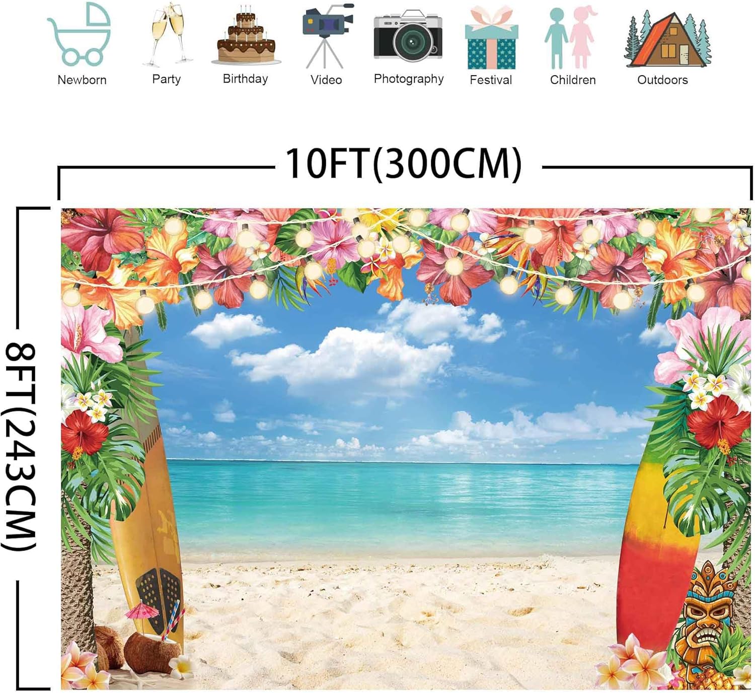 10x8ft Hawaiian Luau Beach Photography Backdrop