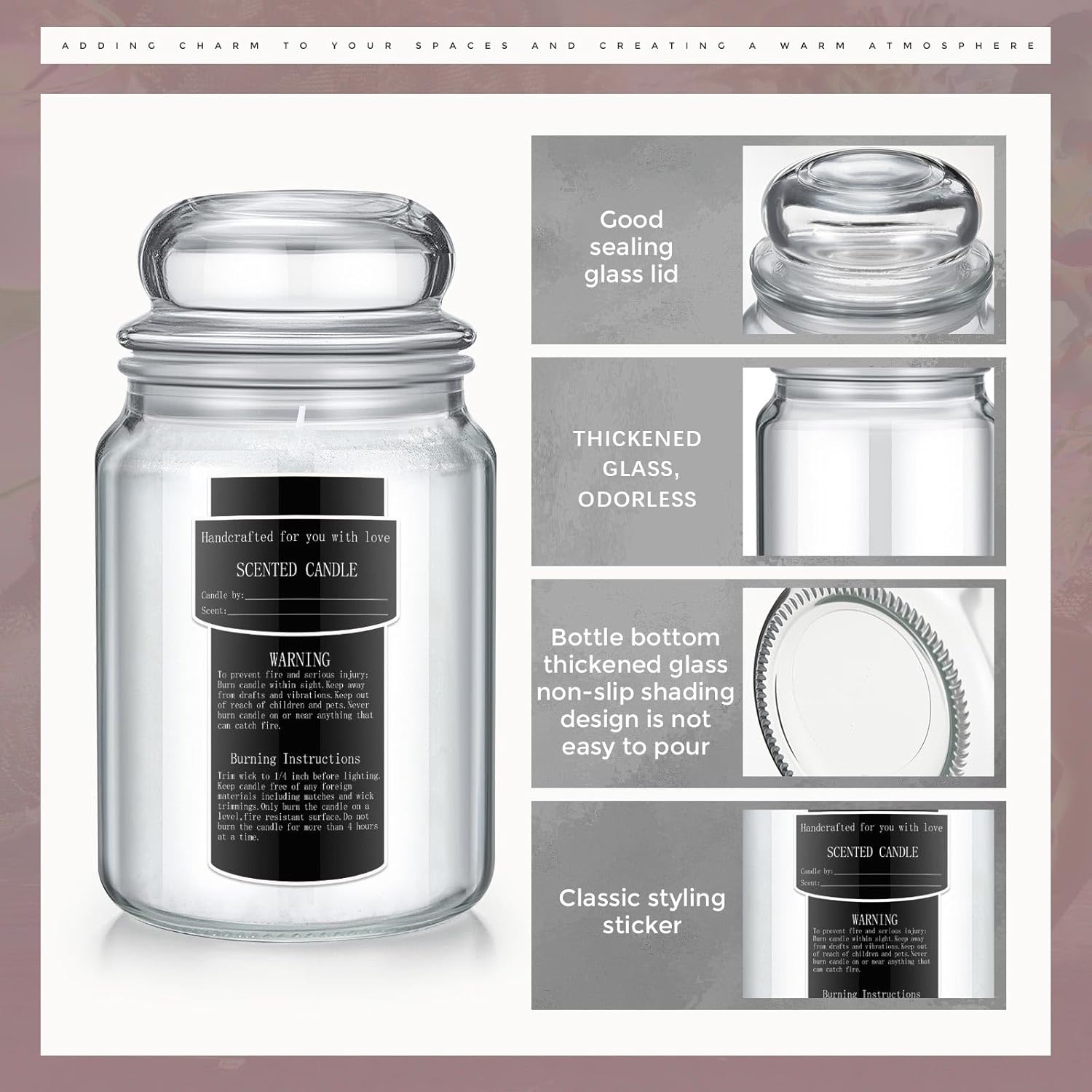Ziliny 25 Oz Glass Candle Jars with Airtight Lids 6 Pcs