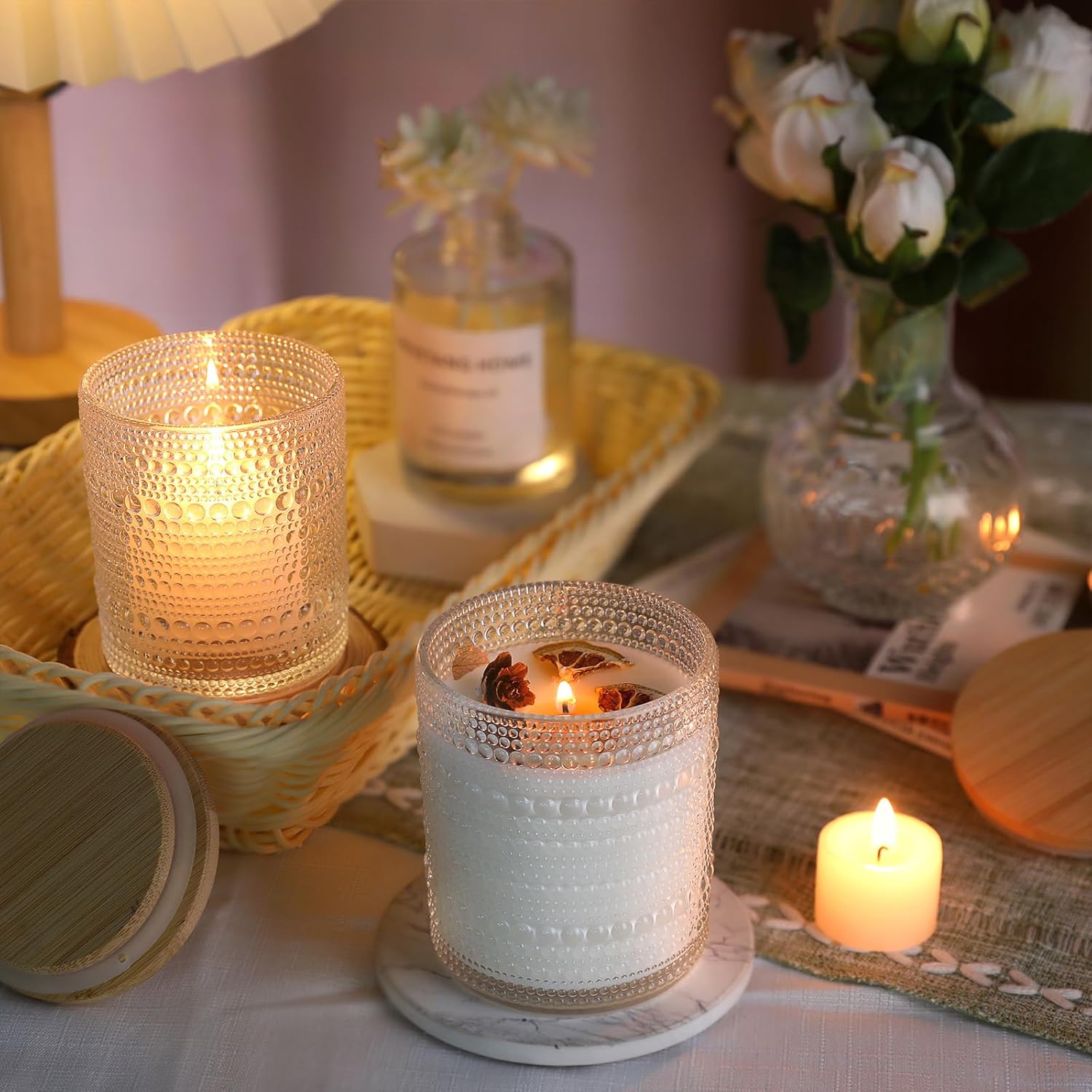 DARJEN 12 Pack Clear Candle Jars with Bamboo Lids and Labels
