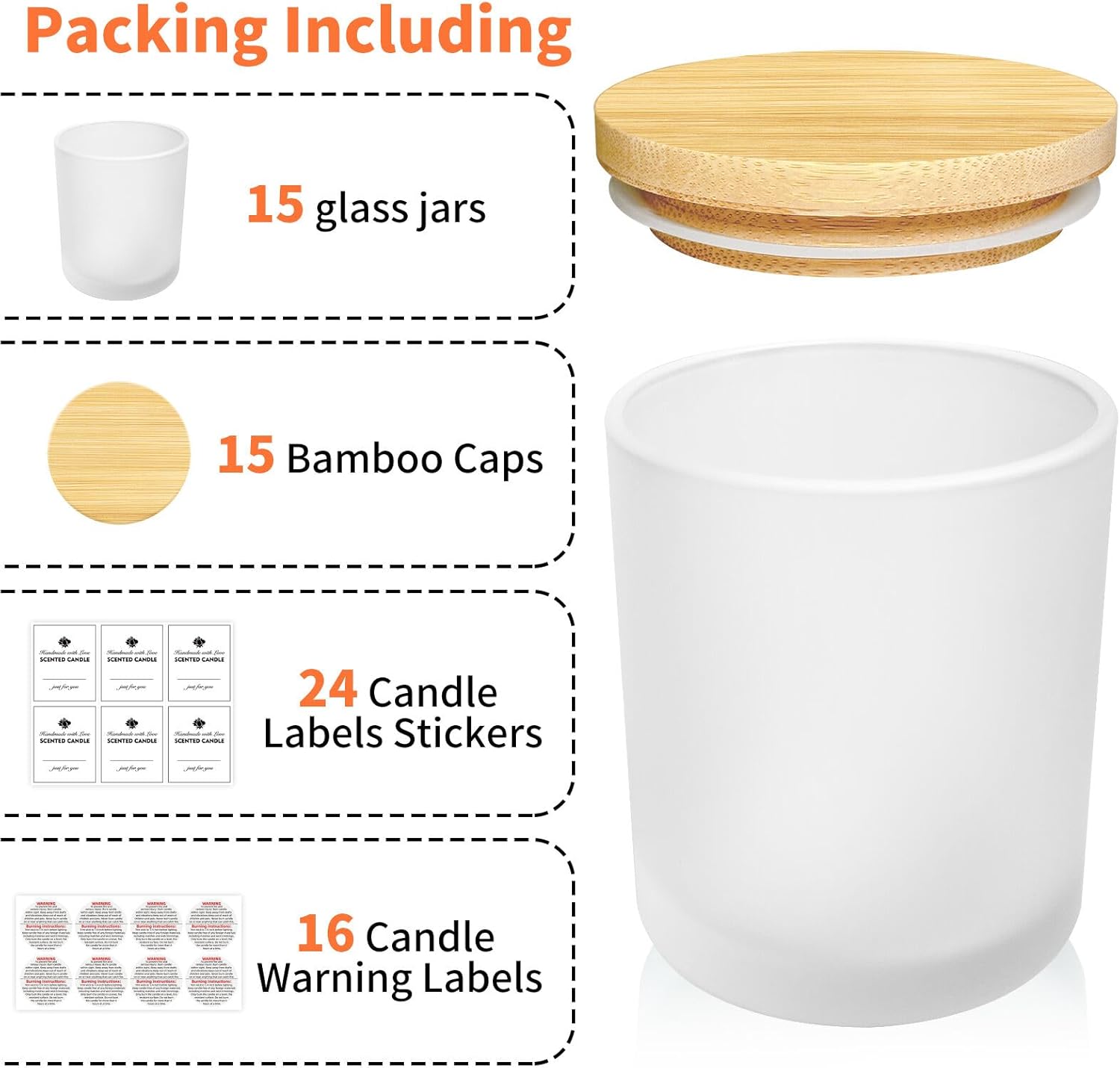 15 Pack Frosted Glass Candle Jars with Bamboo Lids and Labels