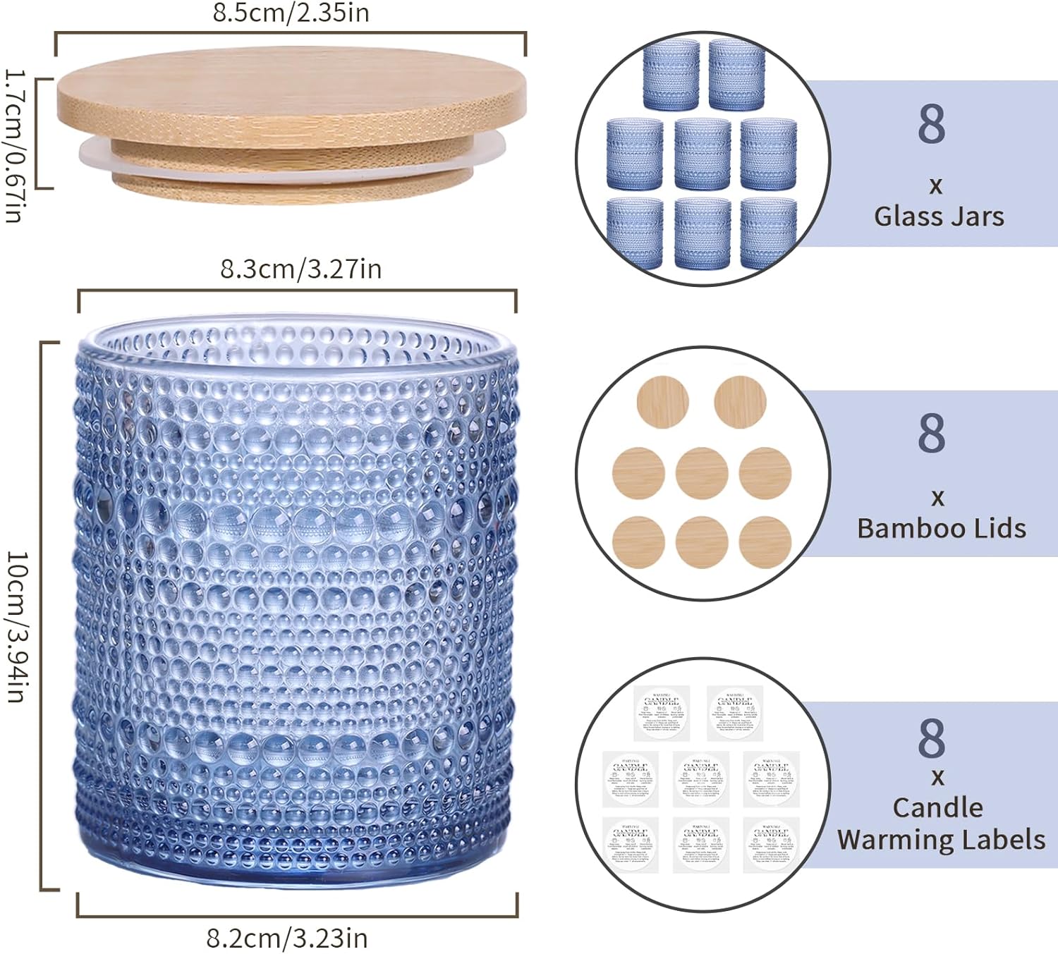 DARJEN 8 Pack Blue Candle Jars with Bamboo Lids and Labels