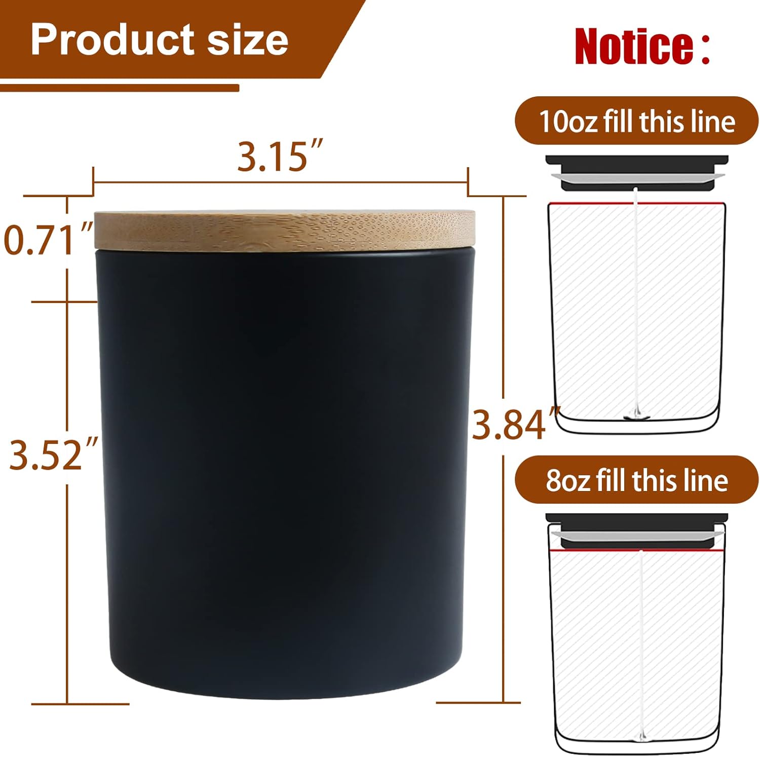 CONNOO 12 Pack Matte Black Candle Jars with Bamboo Lids and Warning Labels