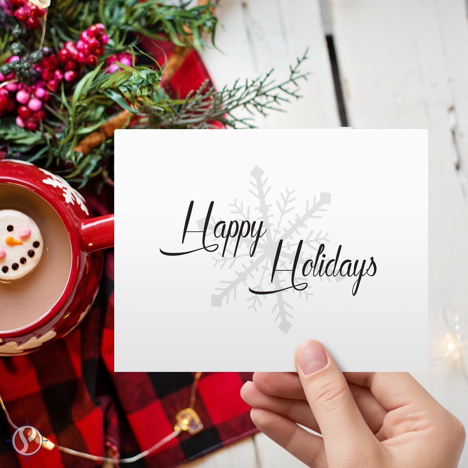 Happy Holidays Elegant White Fold Over Cards with Envelopes 25 per Pack