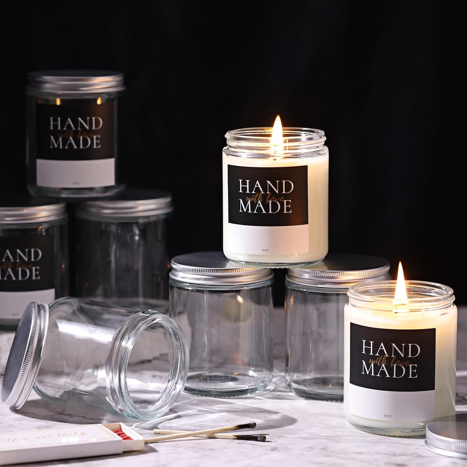 LETINE 12 Pack 8 OZ Clear Glass Jars with Silver Lids