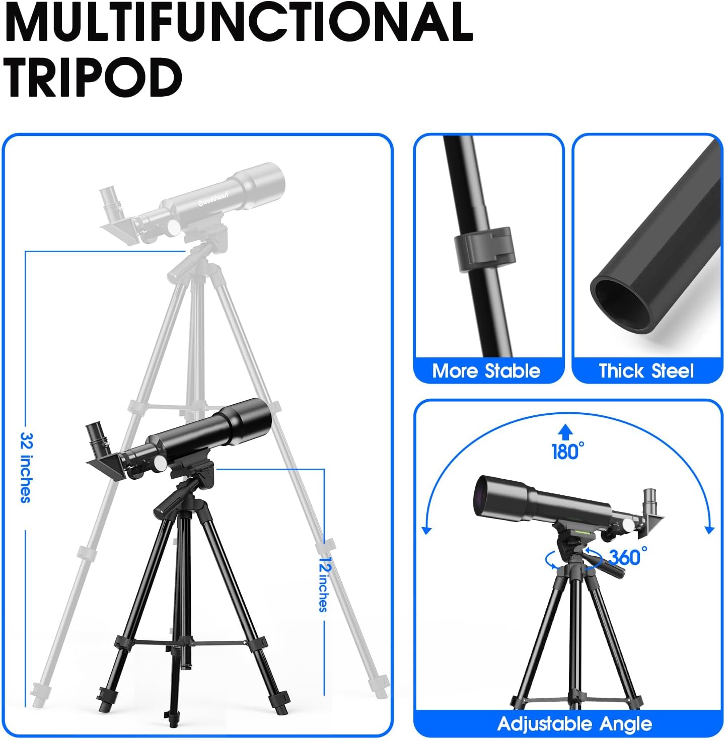 YUANZIMOO 50mm Aperture 360mm Telescope with Tripod for Kids Adults Beginners Black