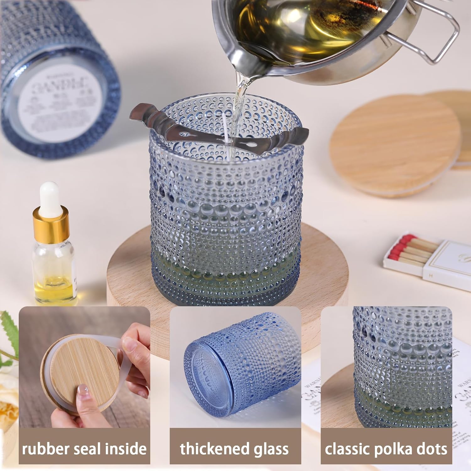 DARJEN 8 Pack Blue Candle Jars with Bamboo Lids and Labels