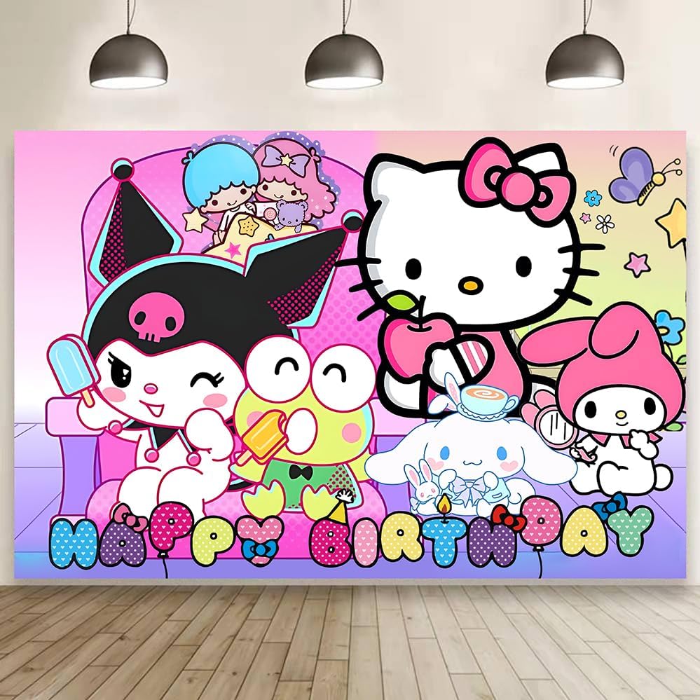 Kawaii Friends Birthday Banner Backdrop for Kids Party Supplies 5x3ft