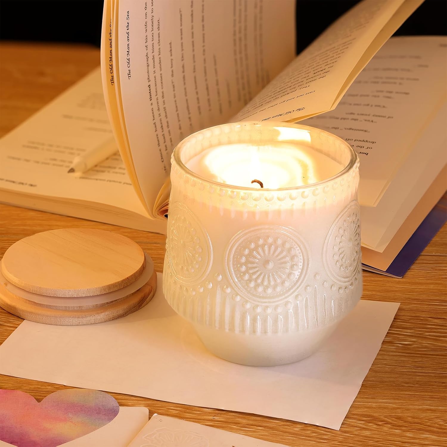 LAMORGIFT 6 Pack Large Candle Jars with Wooden Lids and Labels 1