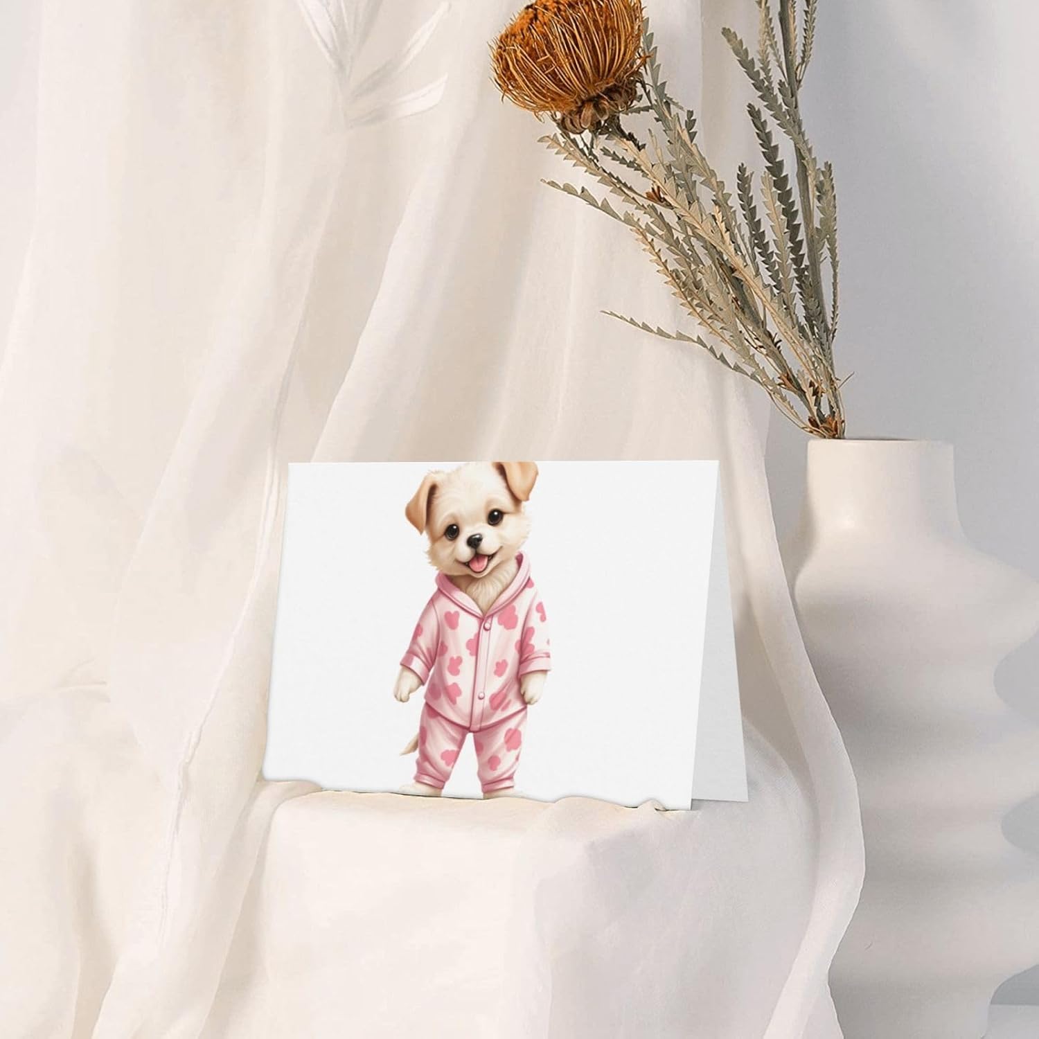 Pink Puppy in Pajamas Greeting Card for Christmas and Birthday
