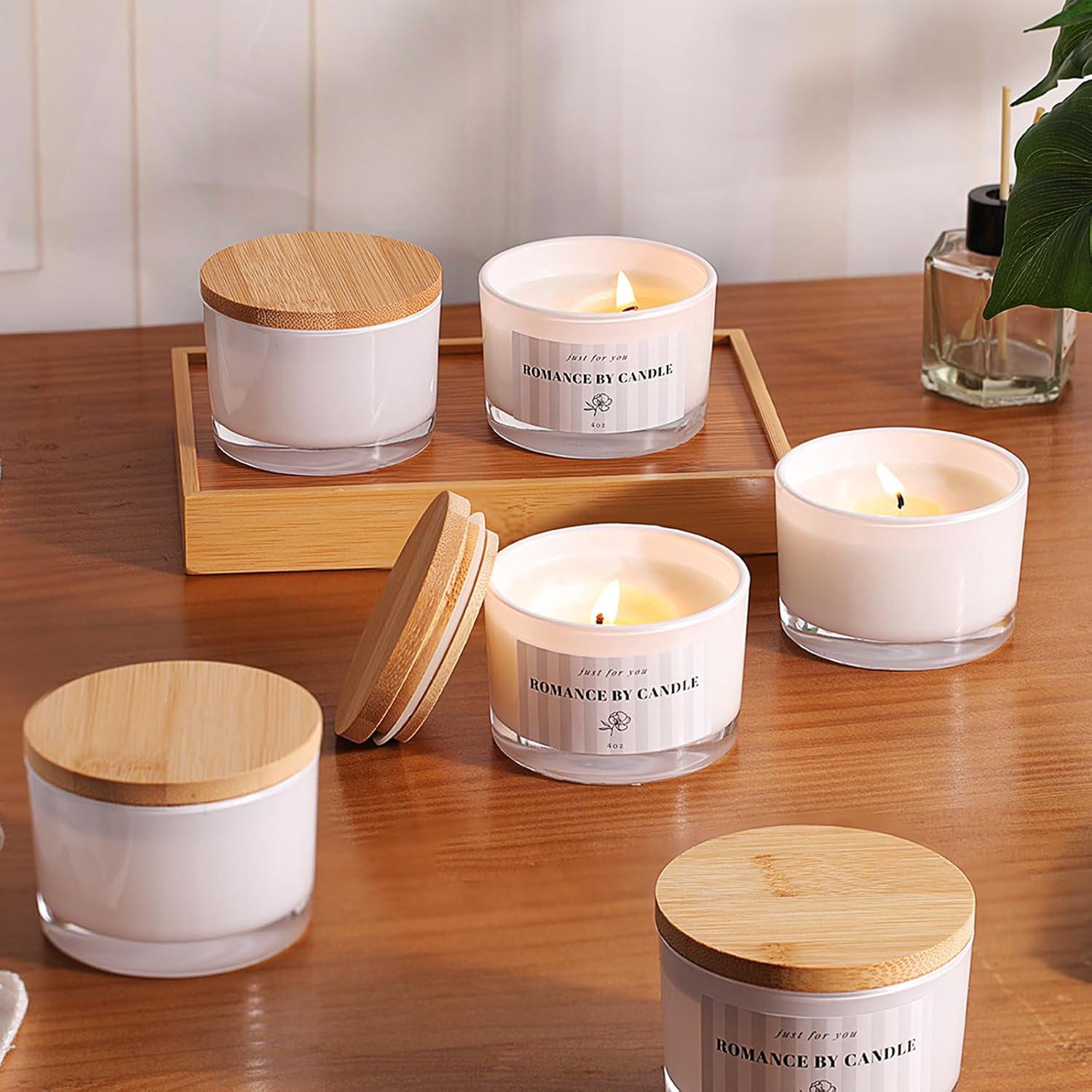 REISEN 12 Pack 4 Oz Candle Jars with Bamboo Lids and Accessories