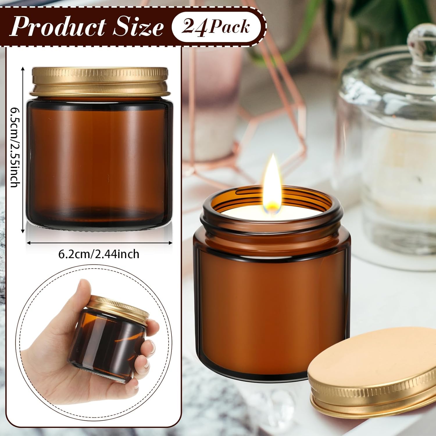 Zhehao 24 Pcs Amber Glass Candle Jars with Gold Lids