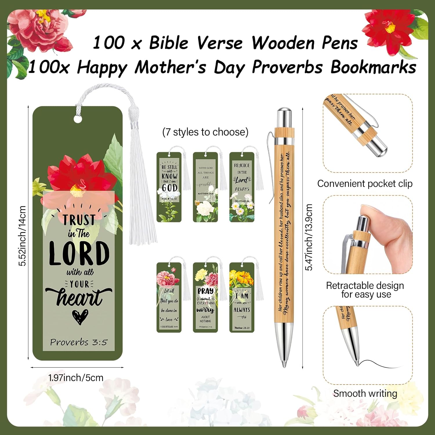 Spakon 100 Set Mothers Day Bible Verse Bookmarks Bamboo Pens Gift Bags