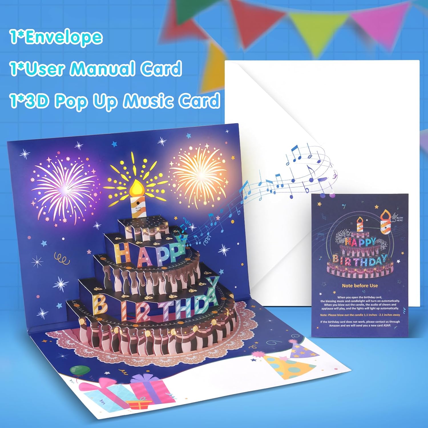 BEAN LIEVE 3D Musical Birthday Card with LED Lights and Blowable Candle