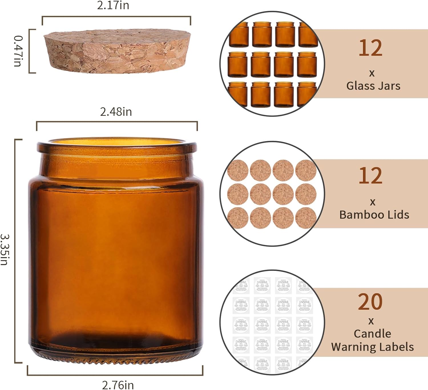Lanttu 12Pcs Amber Candle Jars with Wooden Lids and Labels