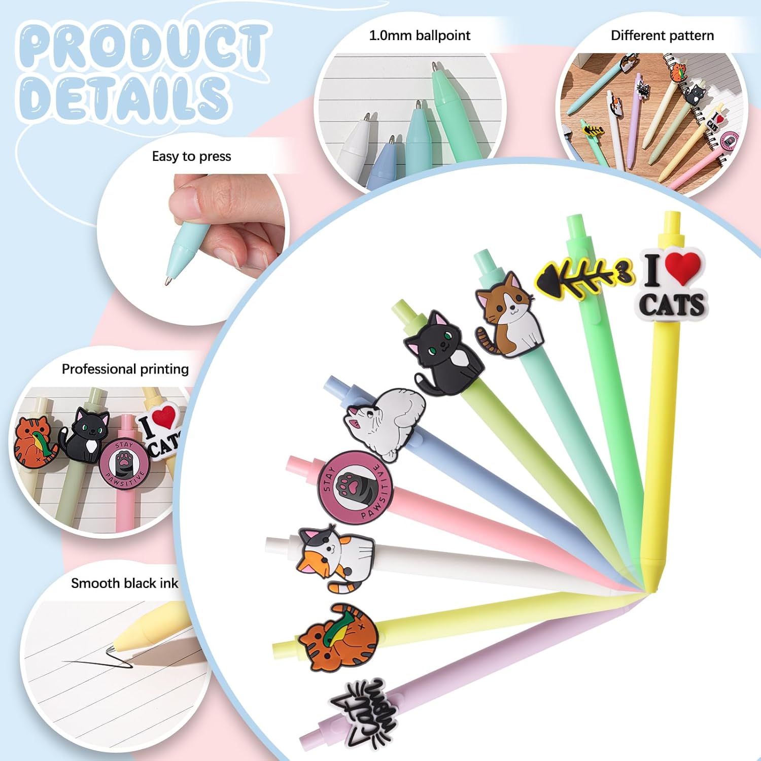 9 Pcs Cat Ballpoint Pens Set Cute Fun Writing Pens