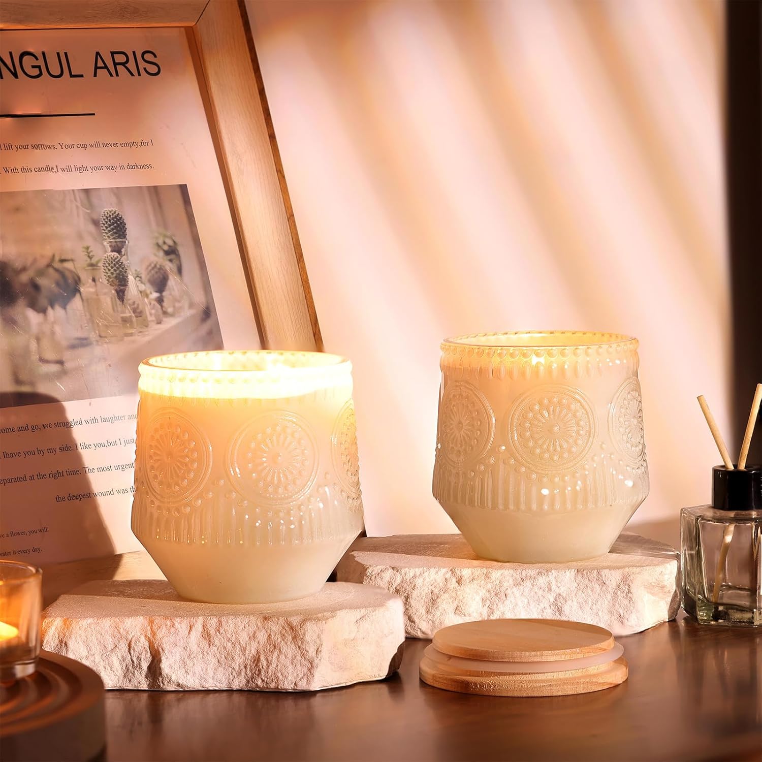 LAMORGIFT 6 Pack Large Candle Jars with Wooden Lids and Labels 1