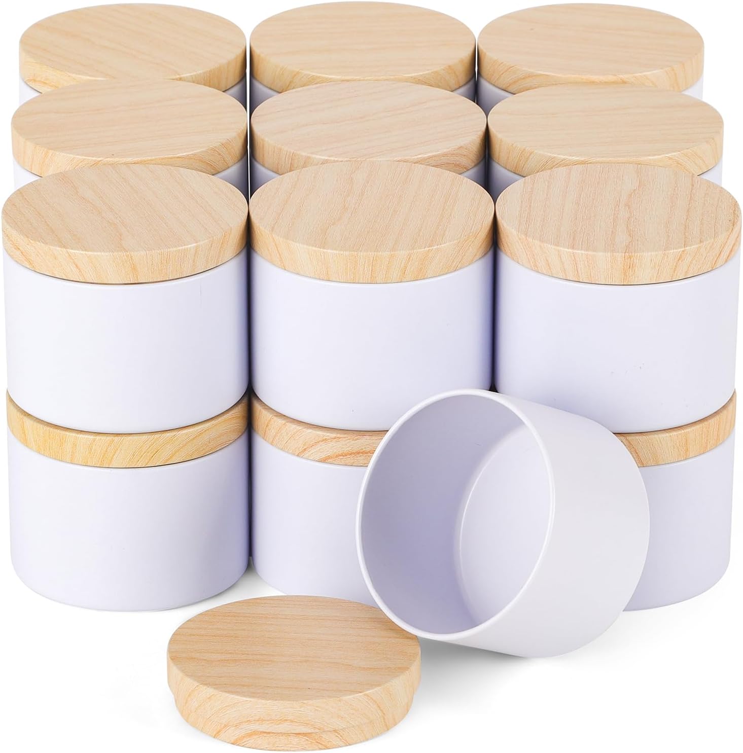 BOTINXIS 24 Pcs 4oz Matte White Candle Tins with Wood Grain Lids